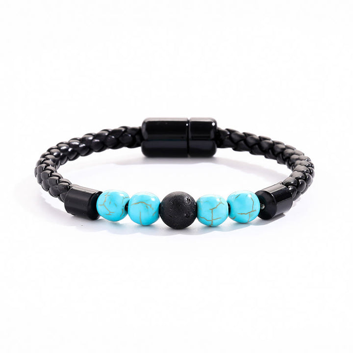 Bracciale Olivenorma in pelle intrecciata con perline di pietra naturale e chiusura magnetica - Turchese e pietra lavica - image 3