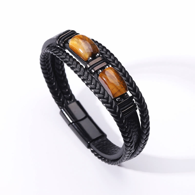 Bracciale Olivenorma in pelle intrecciata, realizzato a mano, con pietre naturali e chiusura magnetica. - Occhio di tigre doppio - 9 pollici - image 4