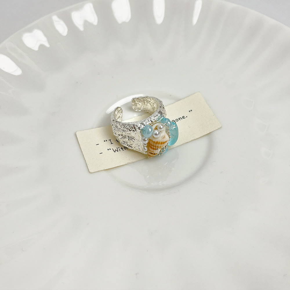 Anello regolabile Olivenorma Beachy con conchiglia e cristalli perline - Fascia martellata e conchiglia - image 2