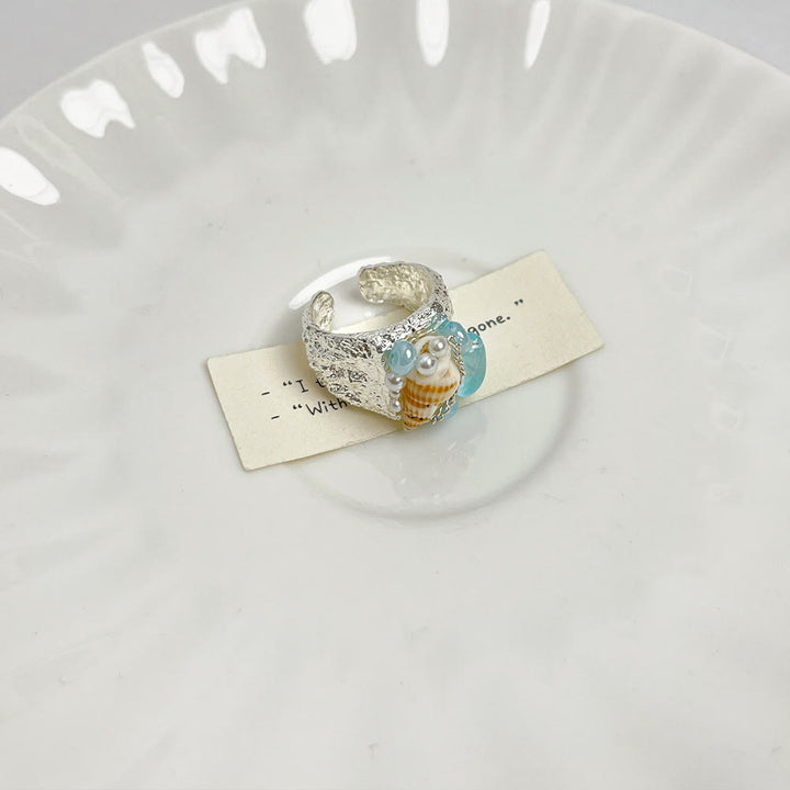 Anello regolabile Olivenorma Beachy con conchiglia e cristalli perline - Fascia martellata e conchiglia - image 2