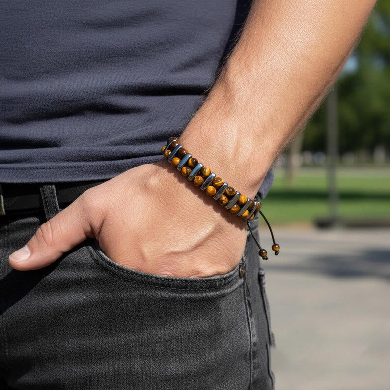 Bracciale Olivenorma a doppio strato con perline in ematite e occhio di tigre naturale. - image 1