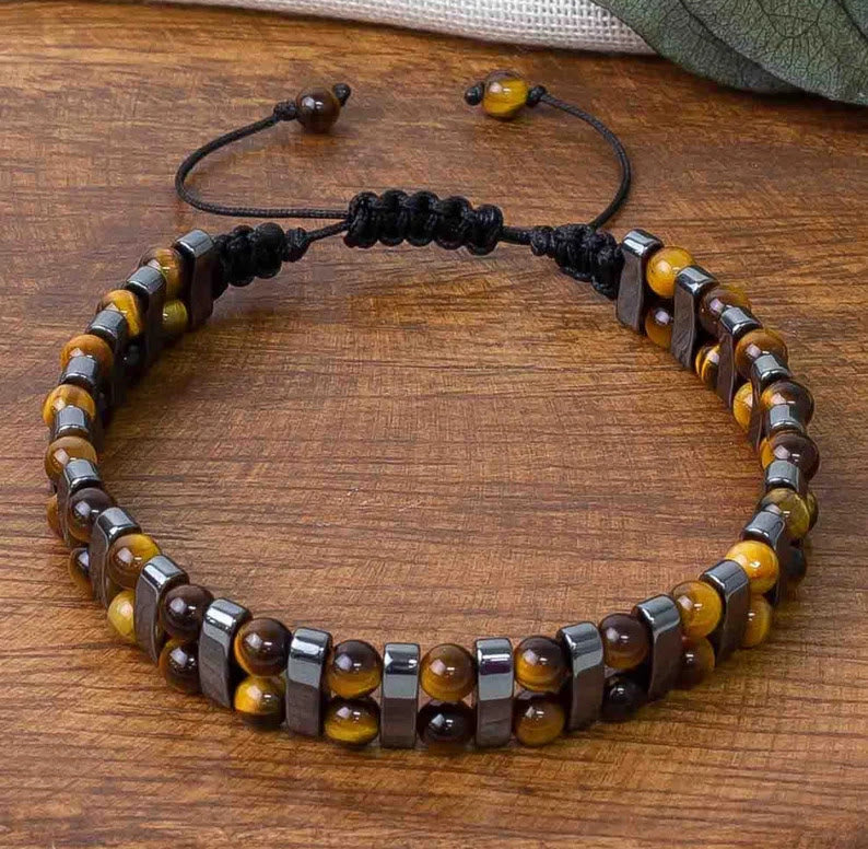 Bracciale Olivenorma a doppio strato con perline in ematite e occhio di tigre naturale. - image 3