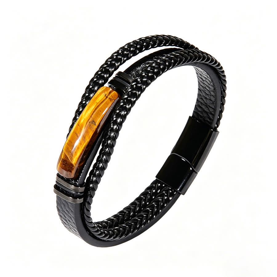 Bracciale Olivenorma in pelle intrecciata, realizzato a mano, con pietre naturali e chiusura magnetica. - Occhio di tigre lungo - 9 pollici - image 23