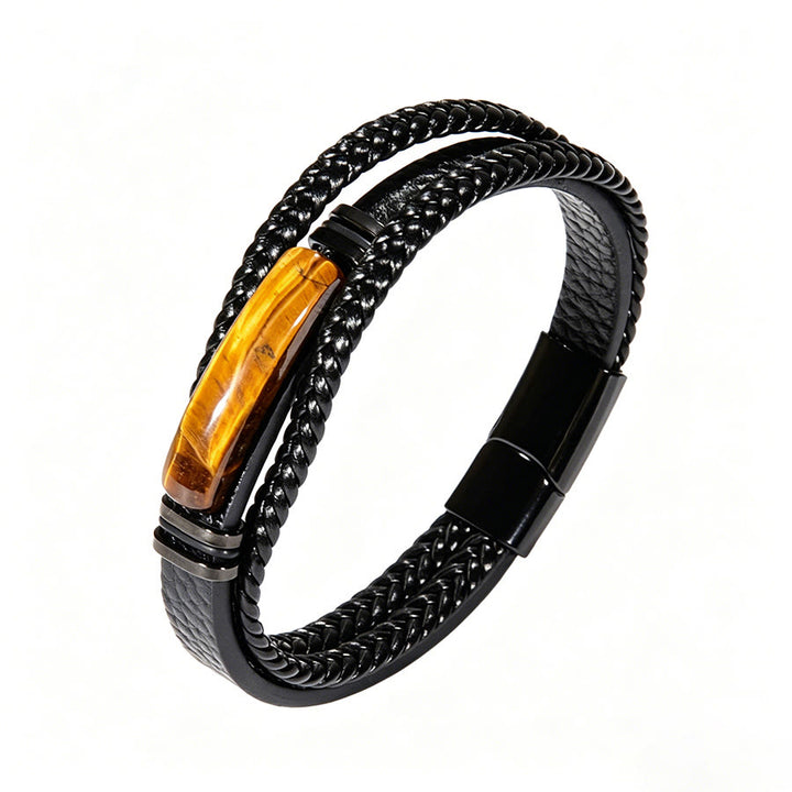 Bracciale Olivenorma in pelle intrecciata, realizzato a mano, con pietre naturali e chiusura magnetica. - Occhio di tigre lungo - 9 pollici - image 23