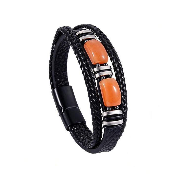 Bracciale Olivenorma in pelle intrecciata, realizzato a mano, con pietre naturali e chiusura magnetica. - Avventurina rossa - 9 pollici - image 19