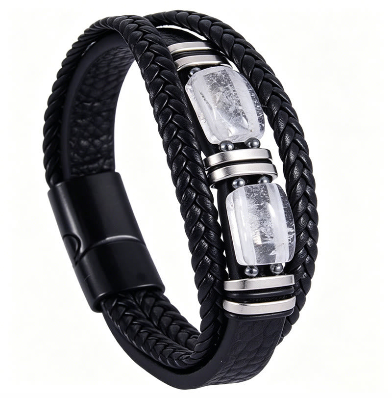 Bracciale Olivenorma in pelle intrecciata, realizzato a mano, con pietre naturali e chiusura magnetica. - Quarzo trasparente - 9 pollici - image 17