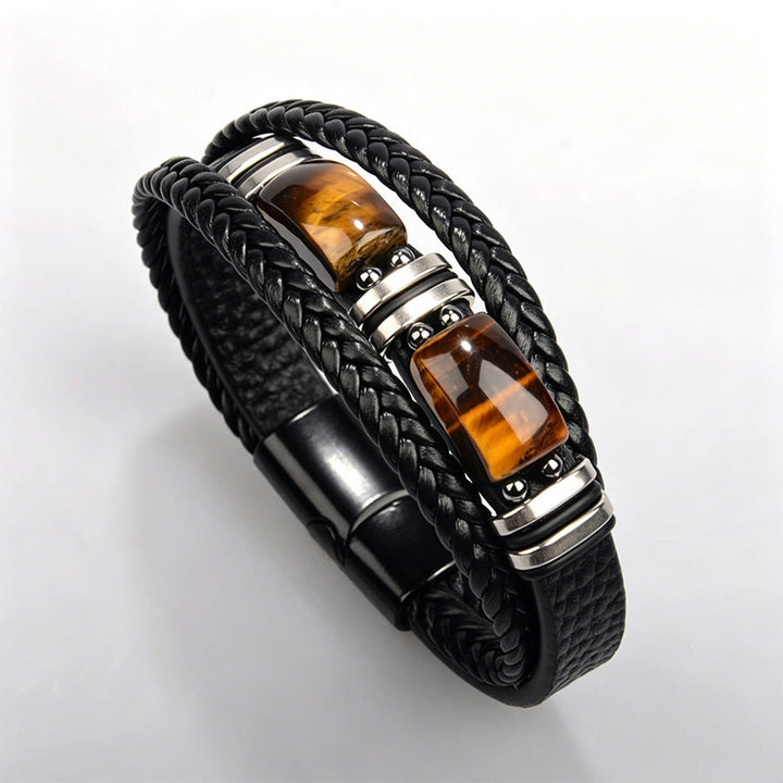 Bracciale Olivenorma in pelle intrecciata, realizzato a mano, con pietre naturali e chiusura magnetica. - Acciaio occhio di tigre - 9 pollici - image 26