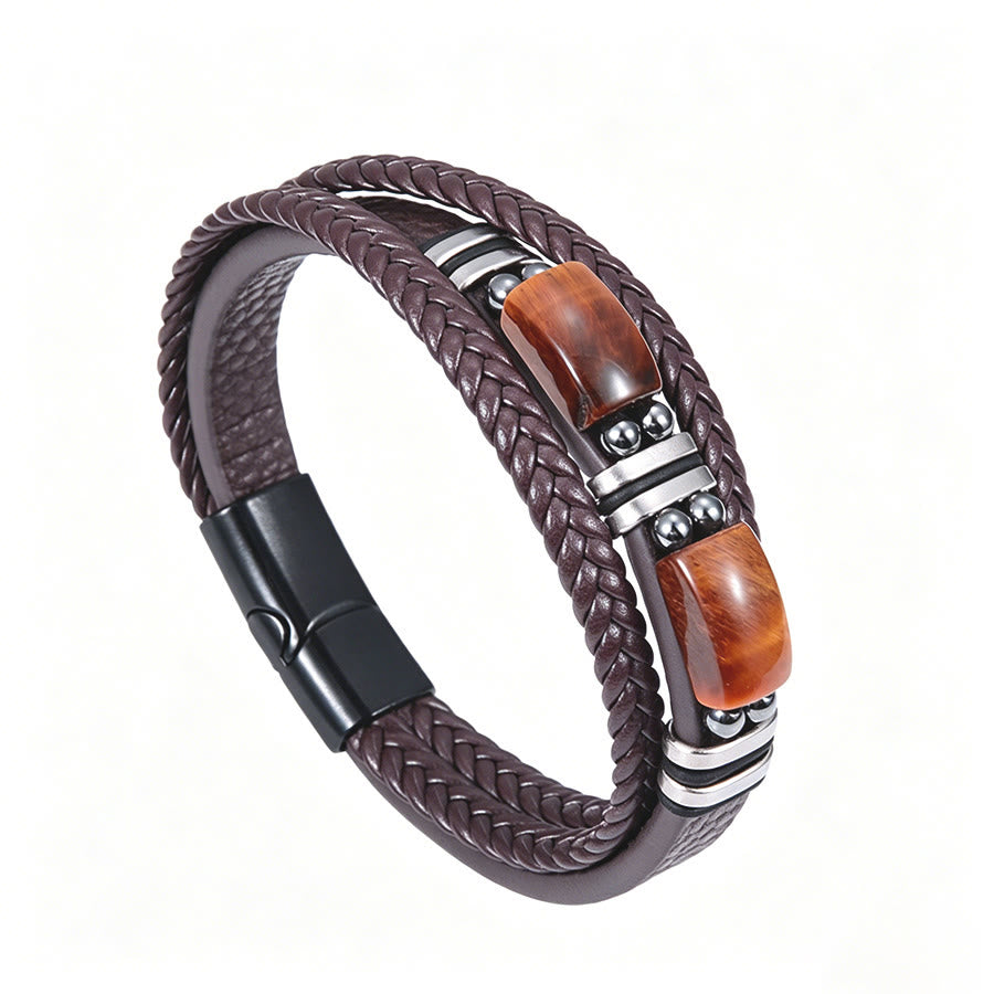 Bracciale Olivenorma in pelle intrecciata, realizzato a mano, con pietre naturali e chiusura magnetica. - Marrone occhio di tigre - 9 pollici - image 24