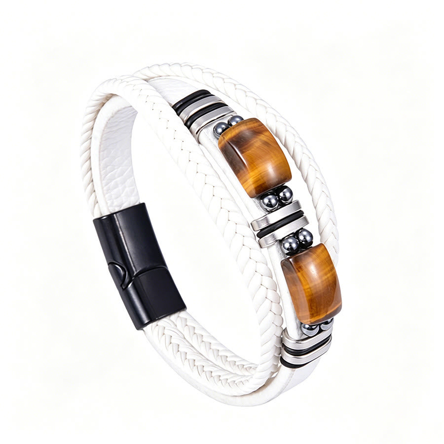 Bracciale Olivenorma in pelle intrecciata, realizzato a mano, con pietre naturali e chiusura magnetica. - Bianco occhio di tigre - 9 pollici - image 25