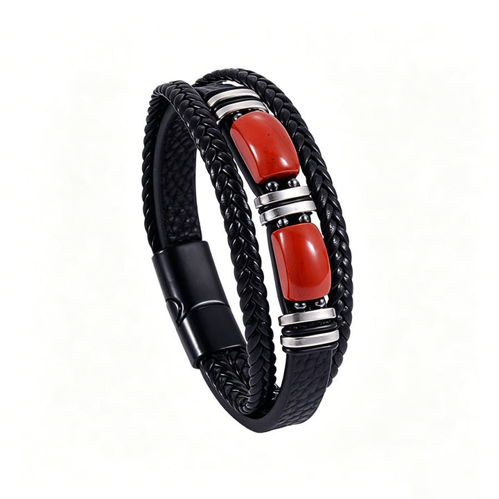 Bracciale Olivenorma in pelle intrecciata, realizzato a mano, con pietre naturali e chiusura magnetica. - Diaspro rosso - 9 pollici - image 7