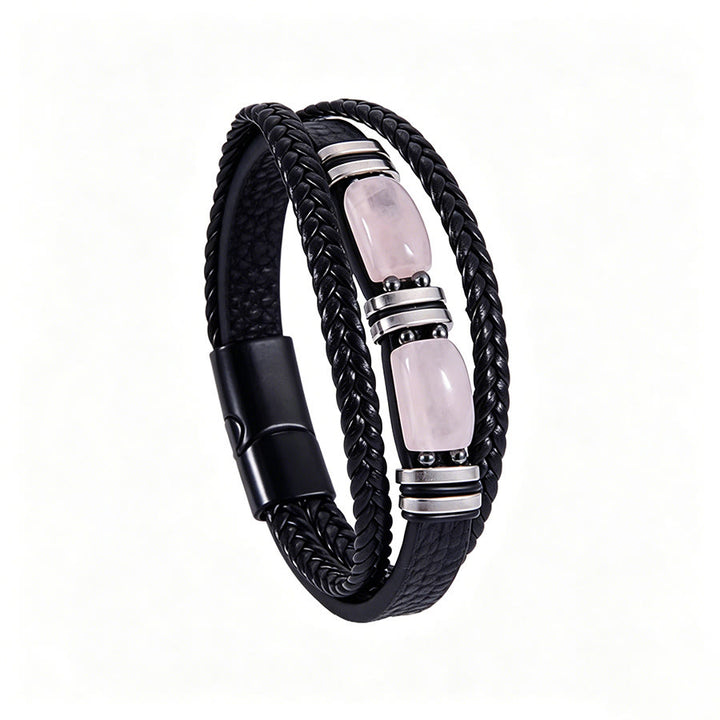 Bracciale Olivenorma in pelle intrecciata, realizzato a mano, con pietre naturali e chiusura magnetica. - Quarzo rosa - 9 pollici - image 15