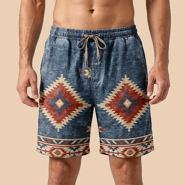 Pantaloncini da uomo casual Olivenorma con stampa geometrica azteca in stile western. - Blu retrò - 5XL - image 0
