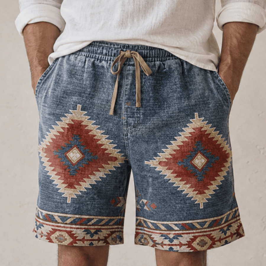 Pantaloncini da uomo casual Olivenorma con stampa geometrica azteca in stile western. - image 3