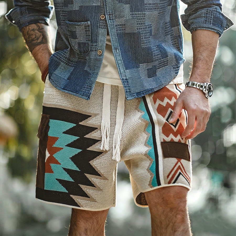 Pantaloncini da uomo casual Olivenorma in maglia con stampa geometrica tribale - image 3
