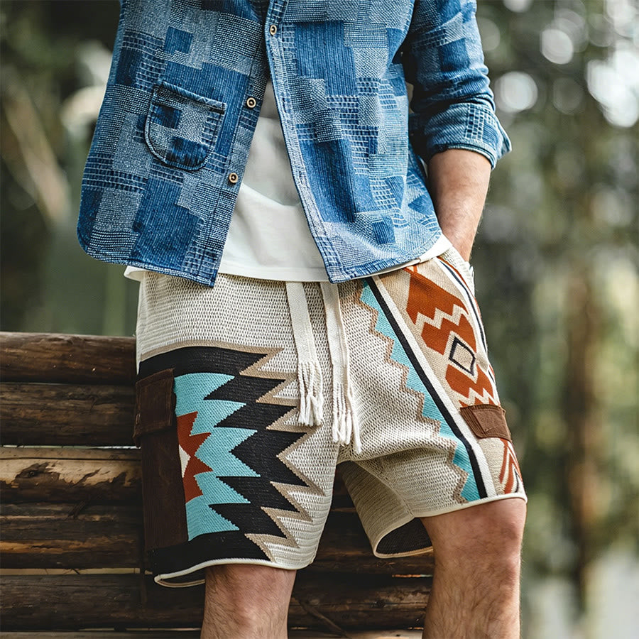 Pantaloncini da uomo casual Olivenorma in maglia con stampa geometrica tribale - image 2