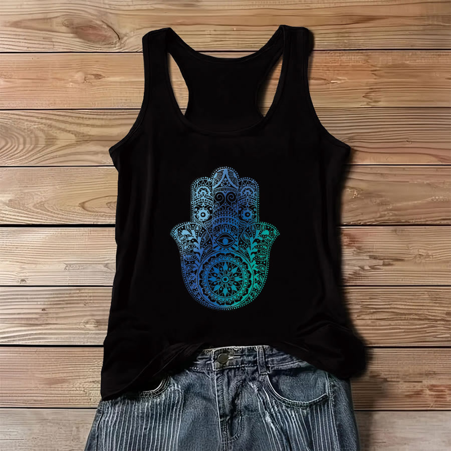 Canotta da donna Olivenorma "Palma della Protezione" con stampa sfumata a mano di Hamsa - Nero - 3XL - image 2