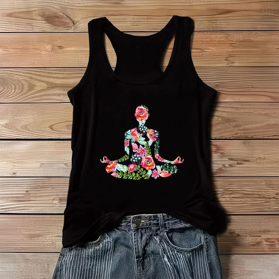 Canotta da donna Olivenorma con stampa floreale ad acquerello in posizione yoga e motivo "Blooming Calm". - Nero - 3XL - image 2