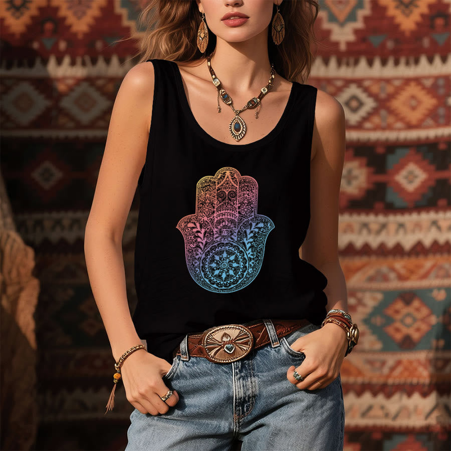 Canotta da donna Olivenorma Pastel Guardian con grafica Hamsa Mandala sfumata. - image 1