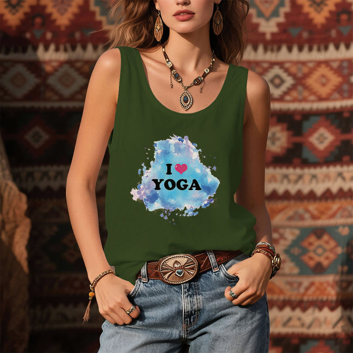 Canotta da donna Olivenorma Yoga Love Splash Watercolor "I ❤️ YOGA" con grafica. - image 1