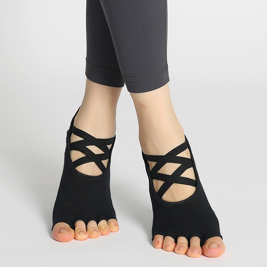 Calzini da yoga da donna Olivenorma con cinturino incrociato, punta aperta e antiscivolo, ad alta trazione. - Nero - 10 paia - image 6