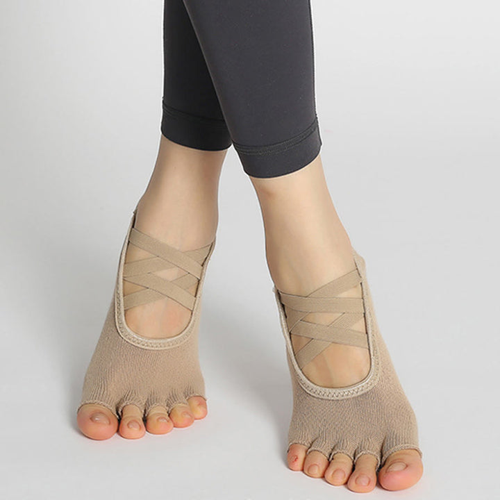 Calzini da yoga da donna Olivenorma con cinturino incrociato, punta aperta e antiscivolo, ad alta trazione. - Cachi - 10 paia - image 24
