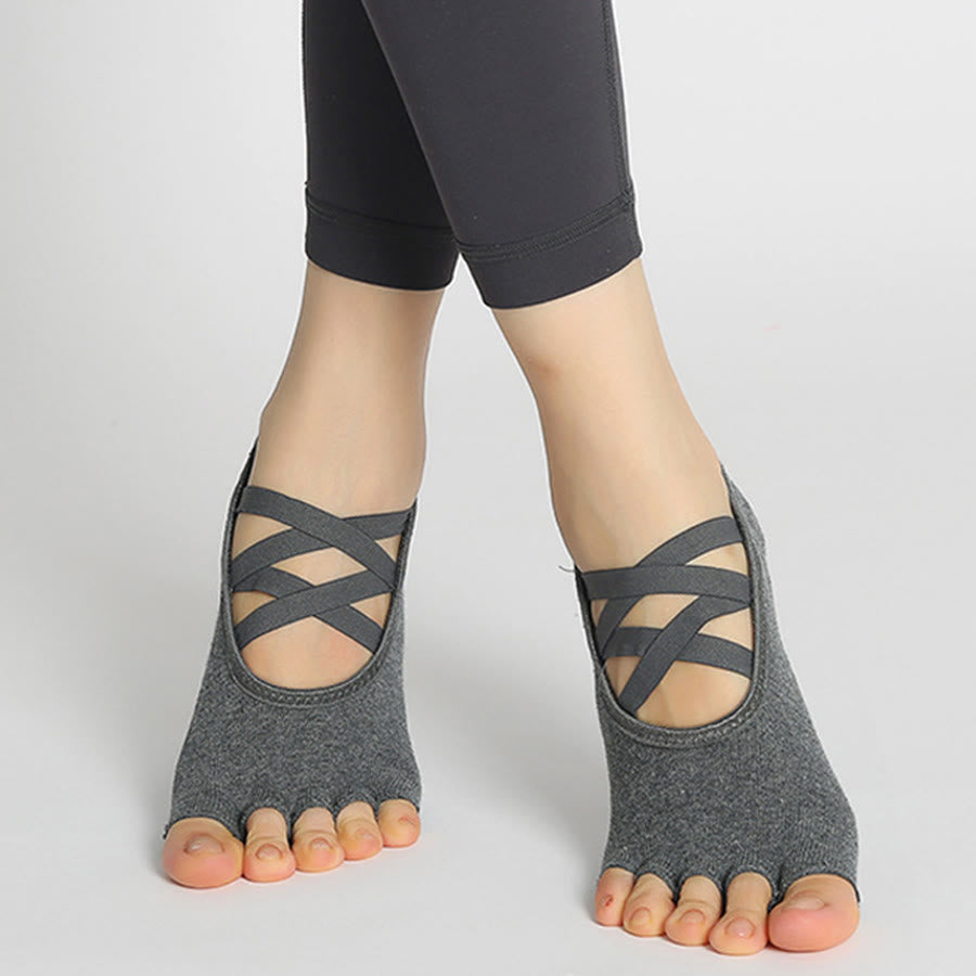 Calzini da yoga da donna Olivenorma con cinturino incrociato, punta aperta e antiscivolo, ad alta trazione. - Grigio scuro - 10 paia - image 11