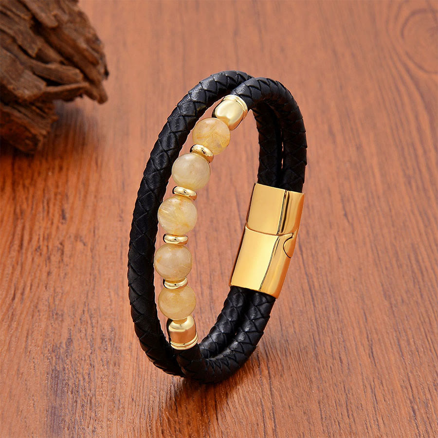 Bracciale Olivenorma in pelle a doppia treccia e pietra naturale, ispirato all'etnia. - Quarzo rutilato dorato Chiusura in oro - 23 cm - image 5