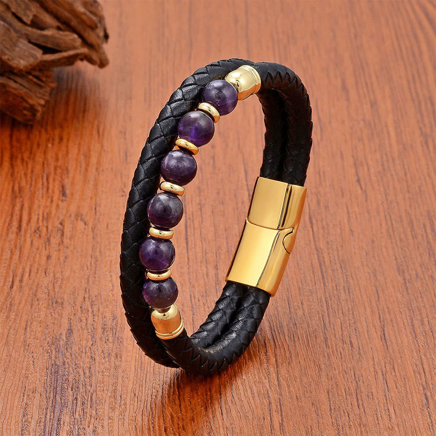 Bracciale Olivenorma in pelle a doppia treccia e pietra naturale, ispirato all'etnia. - Chiusura in oro ametista - 23 cm - image 4