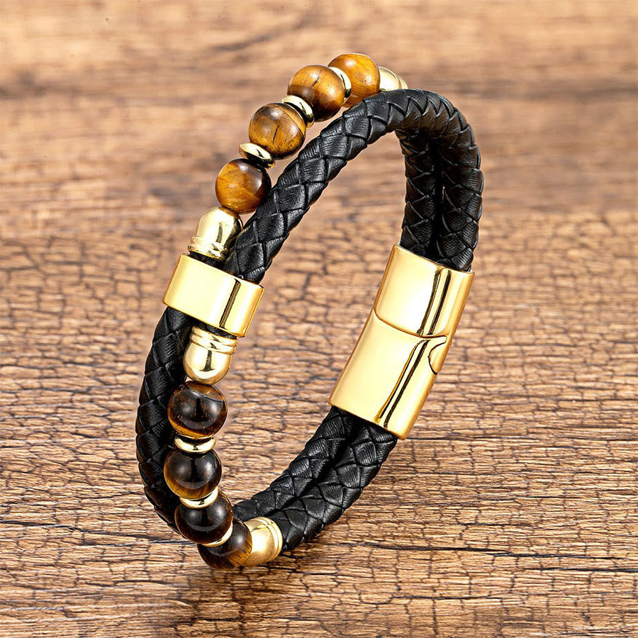 Bracciale Olivenorma casual da indossare tutti i giorni in pelle intrecciata e pietra naturale - Occhio di tigre giallo - 23 cm - image 5