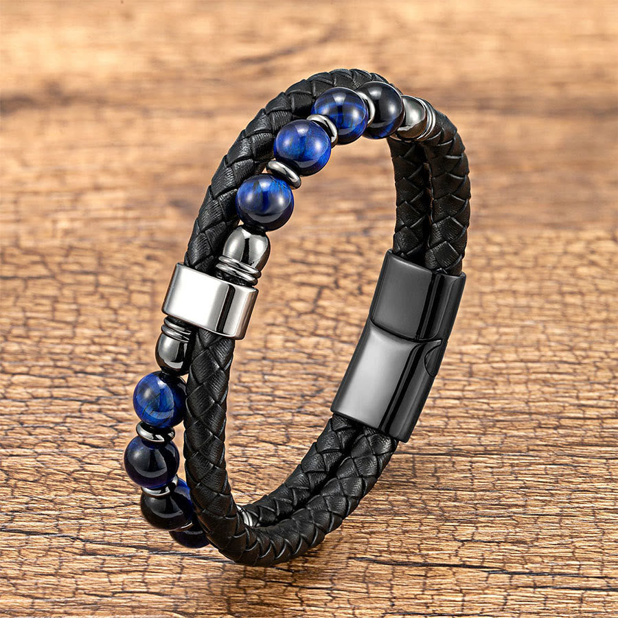Bracciale Olivenorma casual da indossare tutti i giorni in pelle intrecciata e pietra naturale - Occhio di tigre blu - 23 cm - image 15
