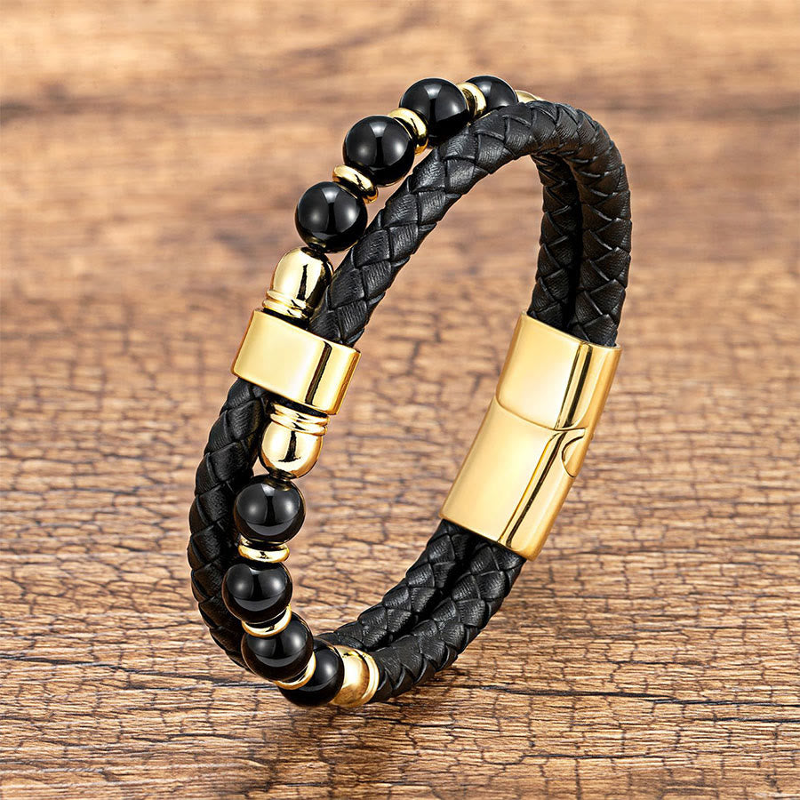 Bracciale Olivenorma casual da indossare tutti i giorni in pelle intrecciata e pietra naturale - Onice nero e occhio di tigre - 21 cm - image 8