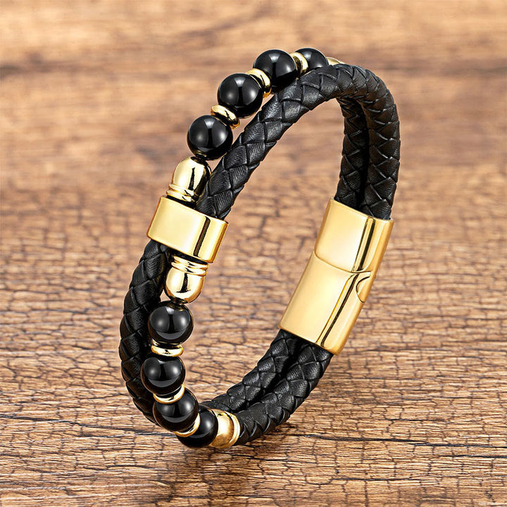 Bracciale Olivenorma casual da indossare tutti i giorni in pelle intrecciata e pietra naturale - Onice nero e occhio di tigre - 21 cm - image 8