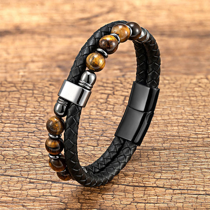 Bracciale Olivenorma casual da indossare tutti i giorni in pelle intrecciata e pietra naturale - Occhio di tigre - 23 cm - image 14