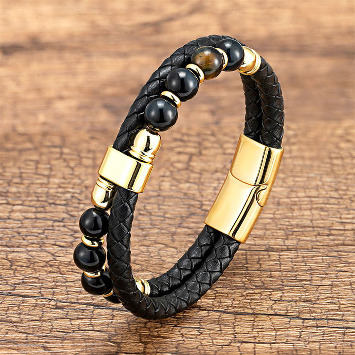 Bracciale Olivenorma casual da indossare tutti i giorni in pelle intrecciata e pietra naturale - Onice nero e occhio di tigre - 23 cm - image 2