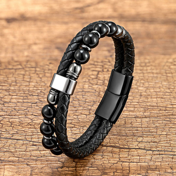 Bracciale Olivenorma casual da indossare tutti i giorni in pelle intrecciata e pietra naturale - Onice nero e nero - 23 cm - image 0