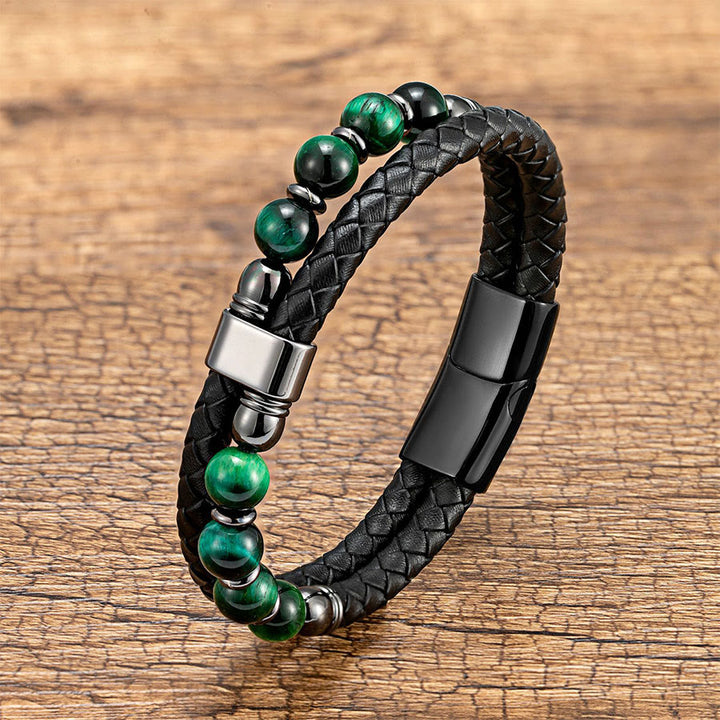 Bracciale Olivenorma casual da indossare tutti i giorni in pelle intrecciata e pietra naturale - Occhio di tigre verde - 23 cm - image 9