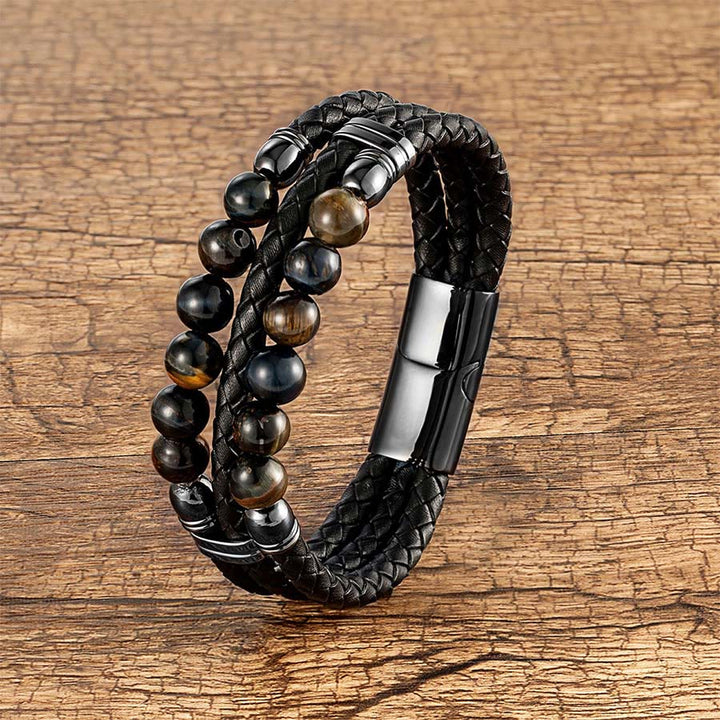 Bracciale impilabile Olivenorma in pelle a doppia treccia e perline di pietra naturale occhio di tigre - Pietra naturale - 23 cm - image 6