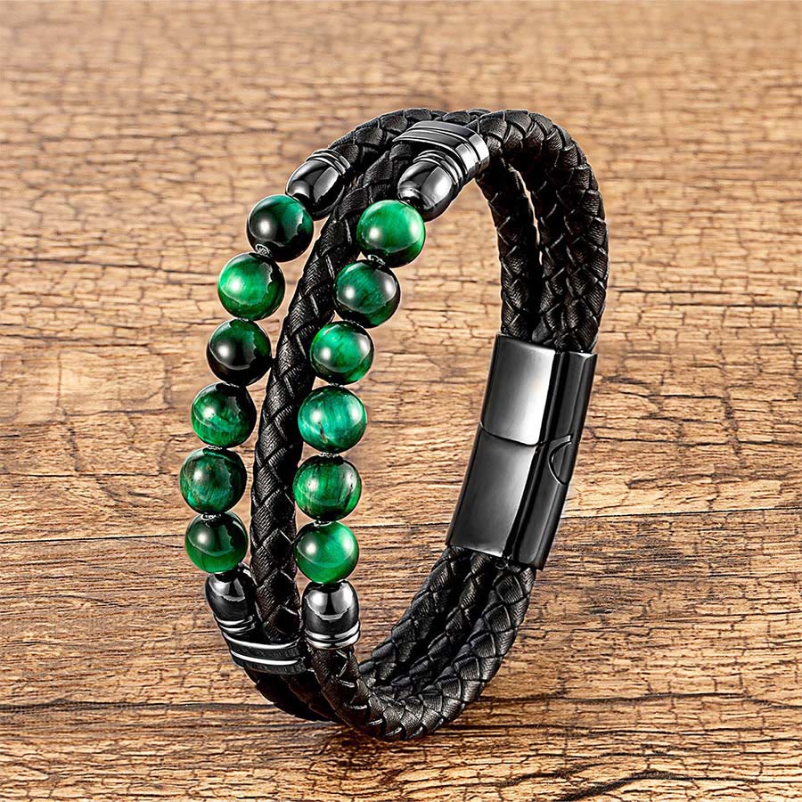 Bracciale impilabile Olivenorma in pelle a doppia treccia e perline di pietra naturale occhio di tigre - Occhio di tigre verde - 23 cm - image 11