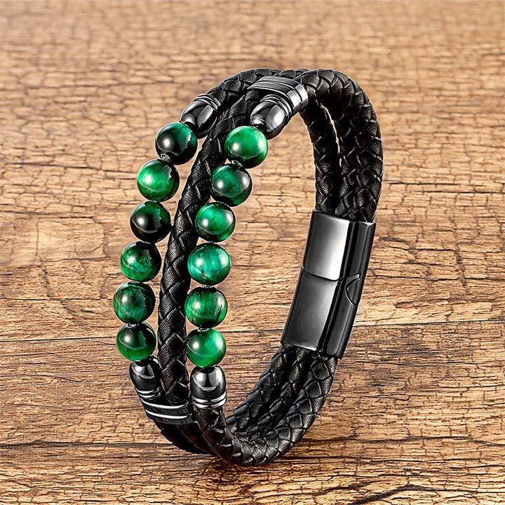 Bracciale impilabile Olivenorma in pelle a doppia treccia e perline di pietra naturale occhio di tigre - Occhio di tigre verde - 23 cm - image 11