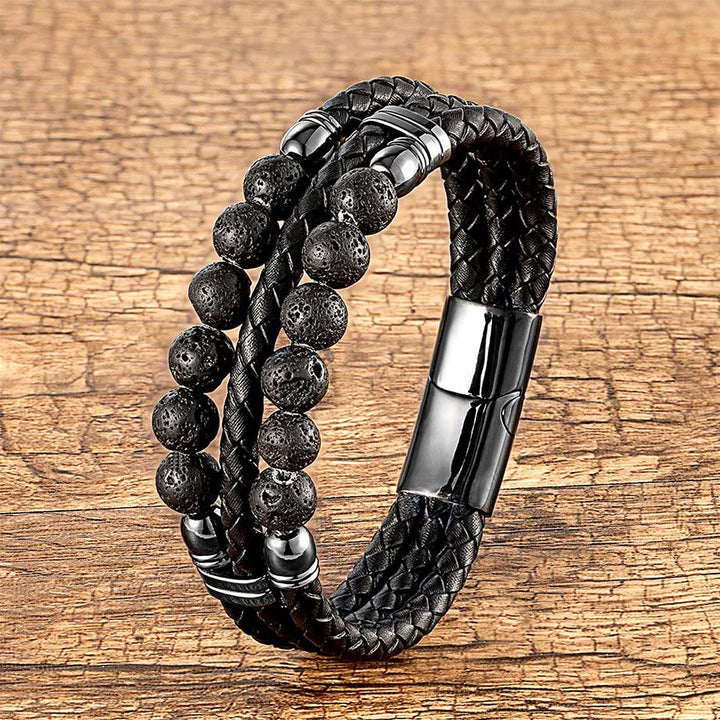 Bracciale impilabile Olivenorma in pelle a doppia treccia e perline di pietra naturale occhio di tigre - Pietra lavica - 23 cm - image 8