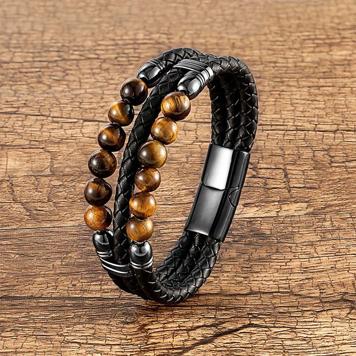Bracciale impilabile Olivenorma in pelle a doppia treccia e perline di pietra naturale occhio di tigre - Occhio di tigre - 23 cm - image 0