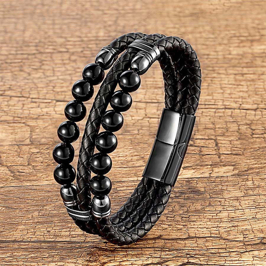 Bracciale impilabile Olivenorma in pelle a doppia treccia e perline di pietra naturale occhio di tigre - Onice Nero - 23 cm - image 10