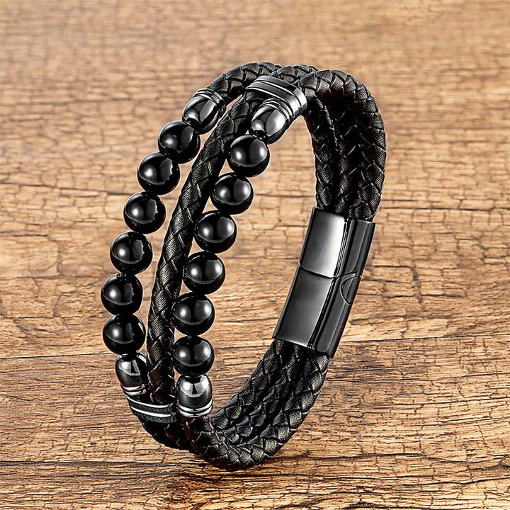 Bracciale impilabile Olivenorma in pelle a doppia treccia e perline di pietra naturale occhio di tigre - Onice Nero - 23 cm - image 10