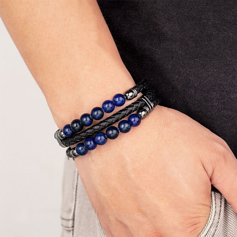 Bracciale impilabile Olivenorma in pelle a doppia treccia e perline di pietra naturale occhio di tigre - image 2
