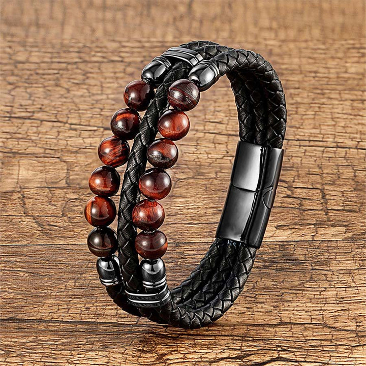 Bracciale impilabile Olivenorma in pelle a doppia treccia e perline di pietra naturale occhio di tigre - Occhio di tigre rosso - 23 cm - image 7
