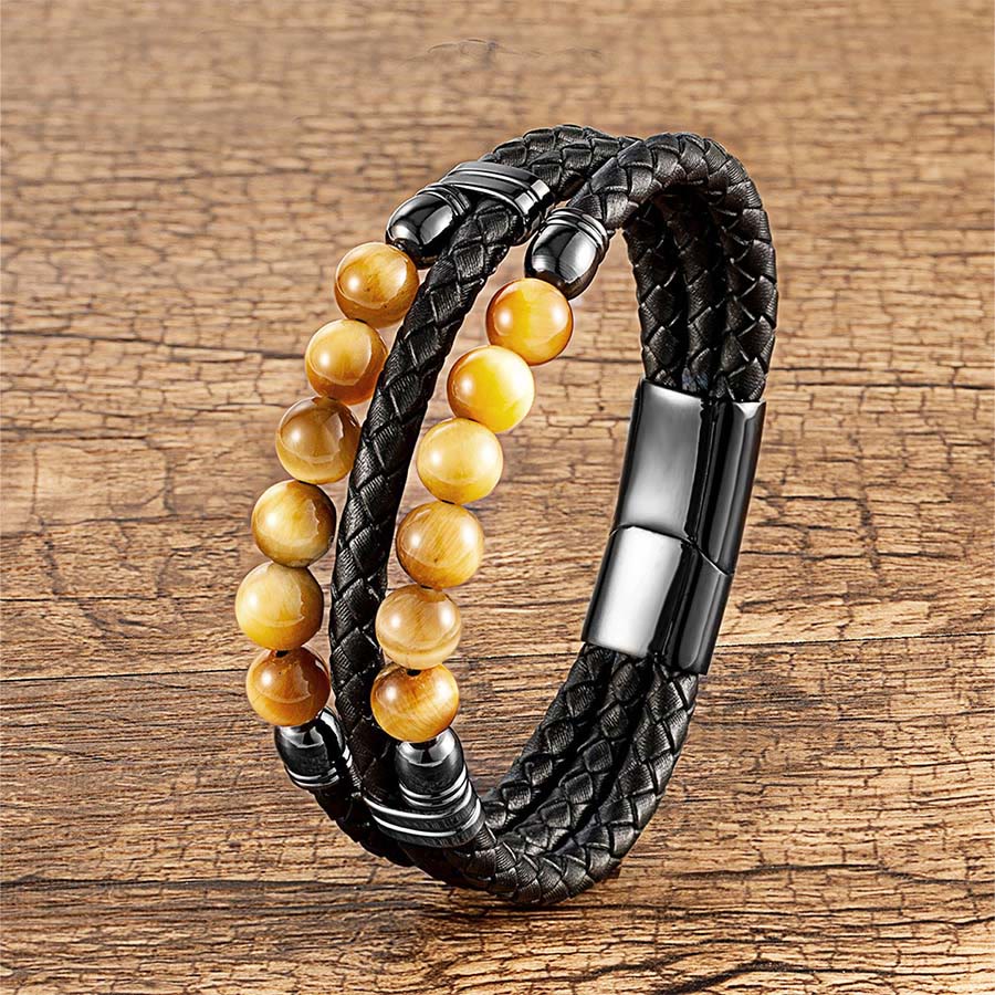 Bracciale impilabile Olivenorma in pelle a doppia treccia e perline di pietra naturale occhio di tigre - Occhio di tigre giallo - 23 cm - image 3