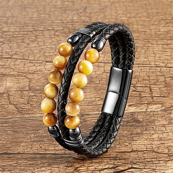 Bracciale impilabile Olivenorma in pelle a doppia treccia e perline di pietra naturale occhio di tigre - Occhio di tigre giallo - 23 cm - image 3