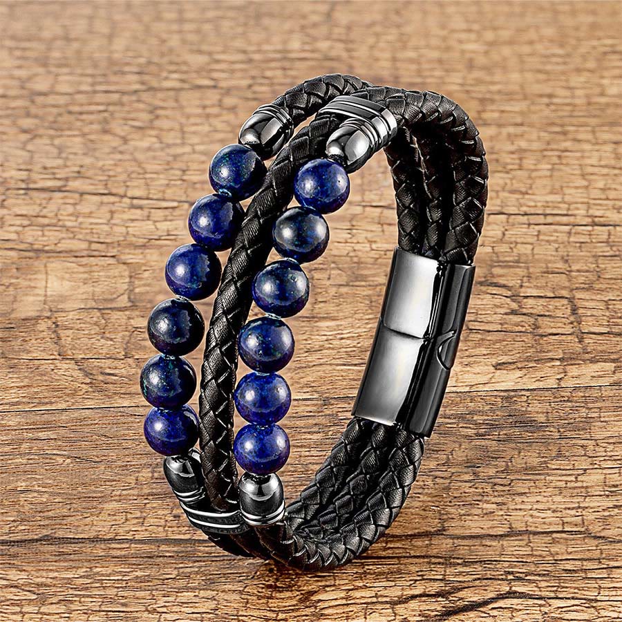 Bracciale impilabile Olivenorma in pelle a doppia treccia e perline di pietra naturale occhio di tigre - Lapislazzuli - 23 cm - image 12