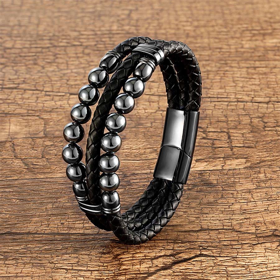 Bracciale impilabile Olivenorma in pelle a doppia treccia e perline di pietra naturale occhio di tigre - Ematite - 23 cm - image 4