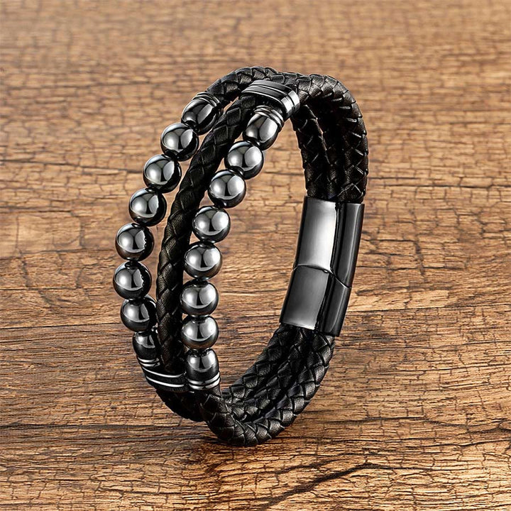 Bracciale impilabile Olivenorma in pelle a doppia treccia e perline di pietra naturale occhio di tigre - Ematite - 23 cm - image 4